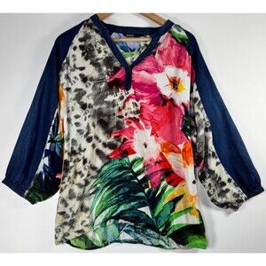 Desigual Blouse Women's Large Floral Abstract Print Boho Artwear Top Blue